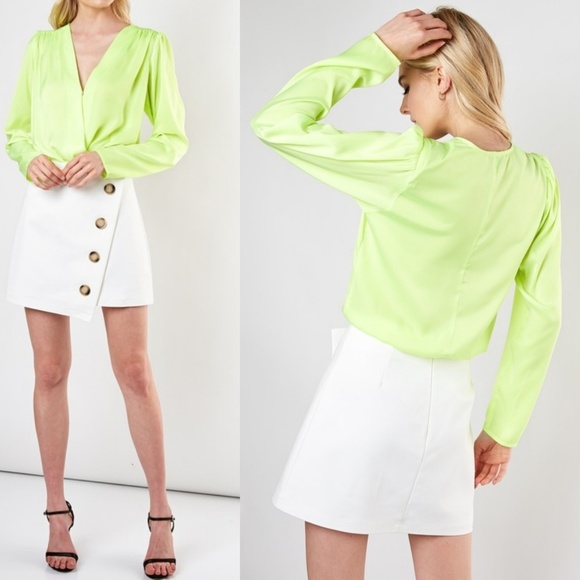 Neon Night Satin Surplice Bodysuit in NEON LIME - Picture 5 of 8